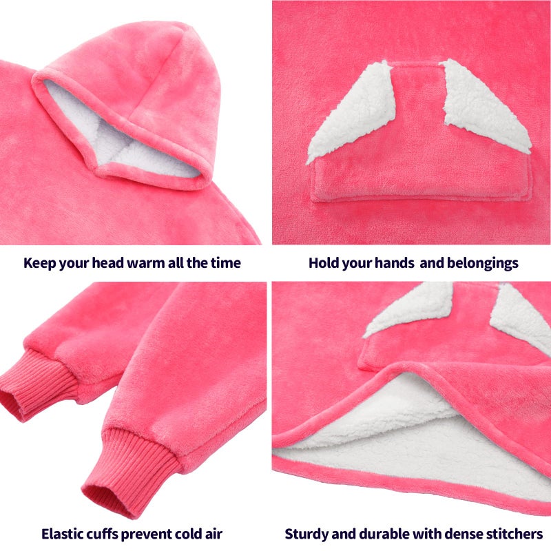 Touchat Wearable Blanket Hoodie, Oversized Sherpa Blanket Sweatshirt with Hood Pocket and Sleeves, Super Soft Warm Plush Hooded Blanket for Kids and Girls, One Size Fits All (Pink) - Image 3